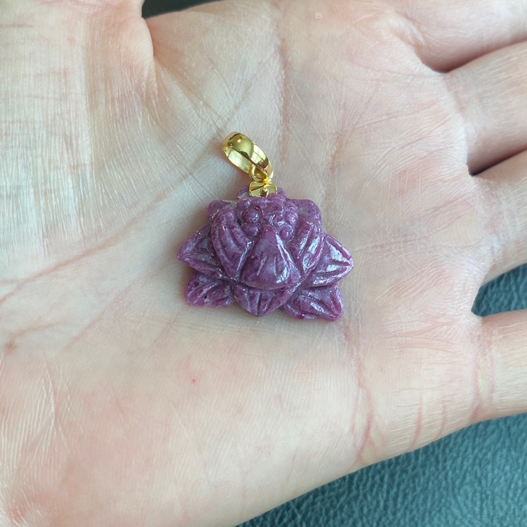 14k Solid Real Gold Carving Carved Flower Lotus Petals Natural Red Ruby Pendant